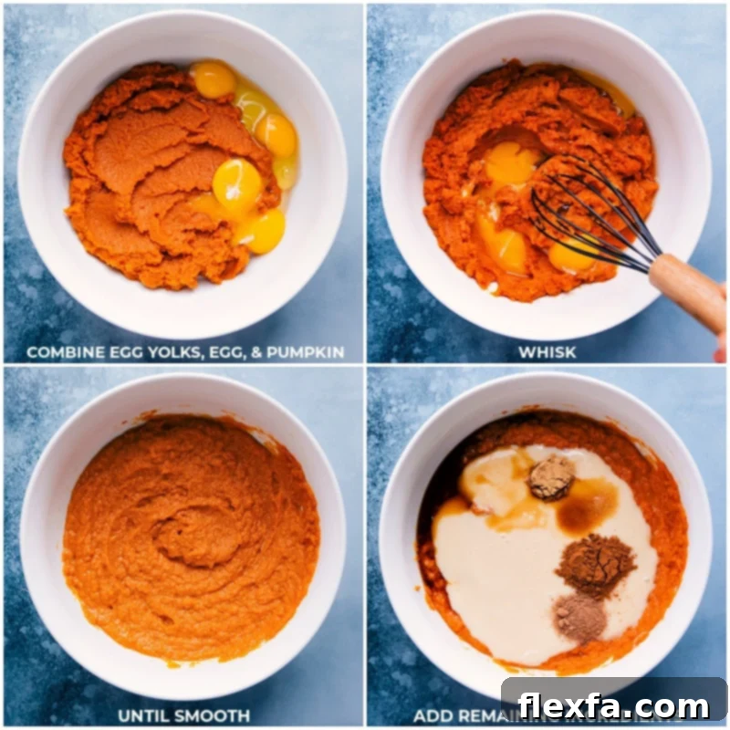 The smooth, orange pumpkin filling ingredients – eggs, pumpkin puree, sweetened condensed milk, vanilla, and a medley of warm spices – expertly whisked together in a bowl, capturing the rich color and inviting texture of the pie's creamy core.