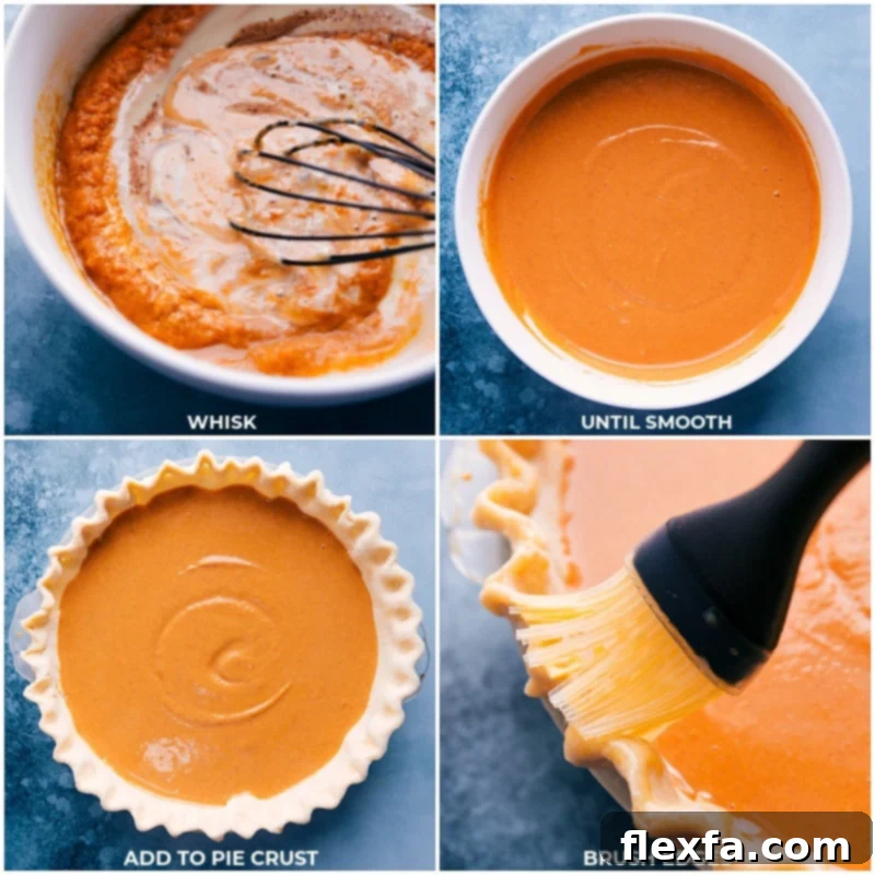 A visual sequence demonstrating the meticulous steps of preparing the Pumpkin Pecan Pie: initially whisking the filling ingredients to a smooth consistency, followed by carefully pouring the vibrant mixture into the waiting pie crust, and finally, a close-up of the crust edges being brushed with an egg wash for a perfect golden finish.