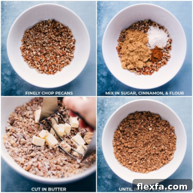 The process of preparing the irresistible pecan streusel topping: finely chopped pecans are mixed with brown sugar, flour, and butter, creating a crumbly, aromatic mixture that promises a delightful crunch atop the pumpkin pie.