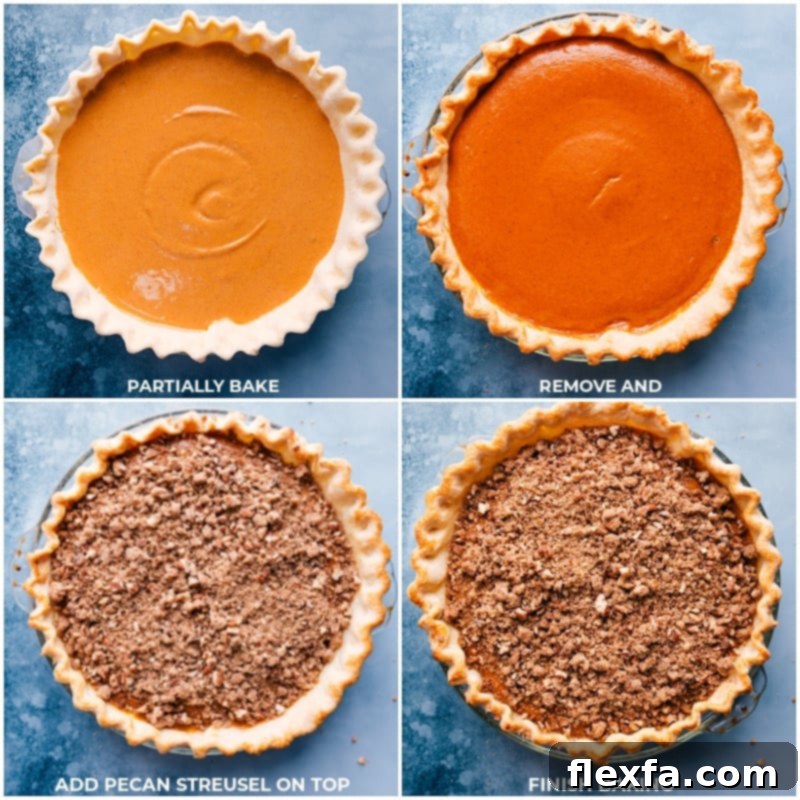 A three-panel image showing the pie's journey: starting with the initial partial bake of the pumpkin filling, transitioning to the careful addition of the buttery pecan streusel topping, and concluding with the final bake, creating a beautifully finished dessert.