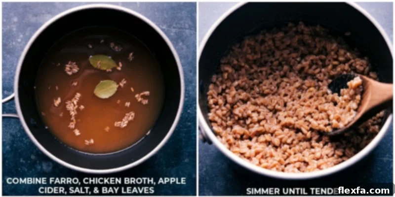 Process shots: combining ingredients to simmer farro until tender and flavorful.