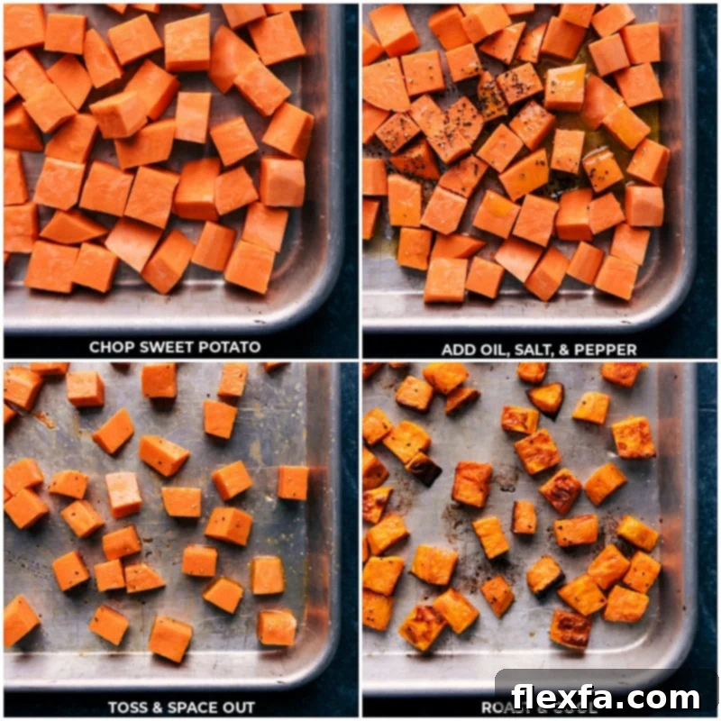 Process shots: showing sweet potatoes being chopped, tossed with oil, salt, and pepper, then roasted until tender and browned.