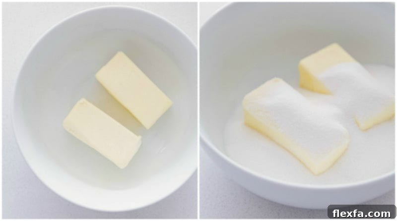 Process shots: Softening butter and combining it with sugar in a mixing bowl for the cookie dough base.