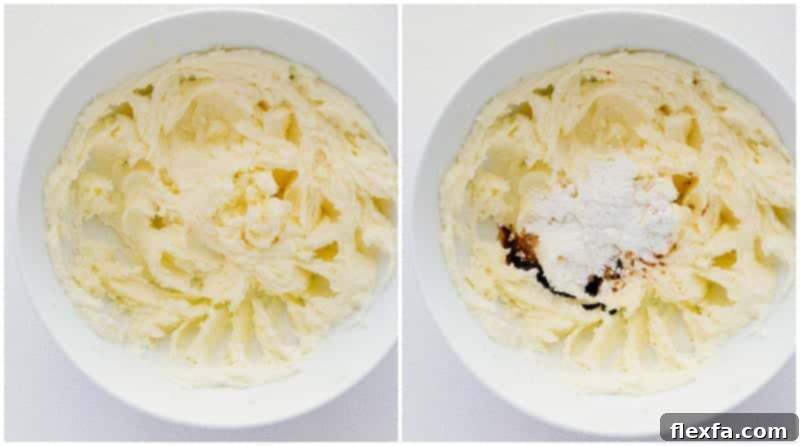 Process shots: Creaming butter and sugar, then incorporating almond and vanilla extracts and essential baking agents like cornstarch and salt.