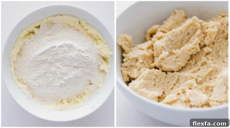 Process shots: Adding all-purpose flour to the butter and sugar mixture, then mixing until just combined to form the cookie dough.