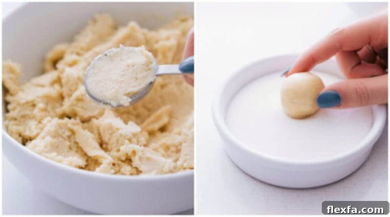 Process shots: Measuring dough portions and rolling them in granulated sugar before shaping.