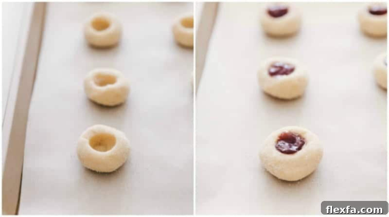Process shots: A tray of unfilled thumbprint cookies next to a tray of cookies already filled with vibrant raspberry jam, ready for their final chill.