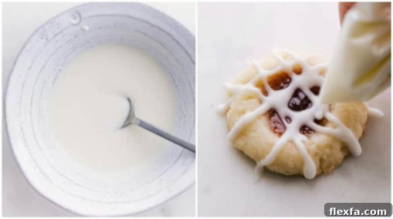 Process shots: Mixing the glaze ingredients until smooth, followed by drizzling the glaze over the completely cooled raspberry thumbprint cookies.