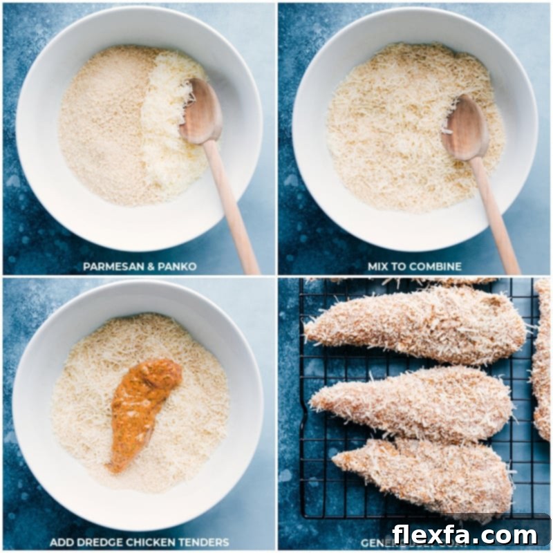 A bowl of panko breadcrumbs and grated Parmesan cheese mixed together, with a coated chicken tender being placed on a wire rack.