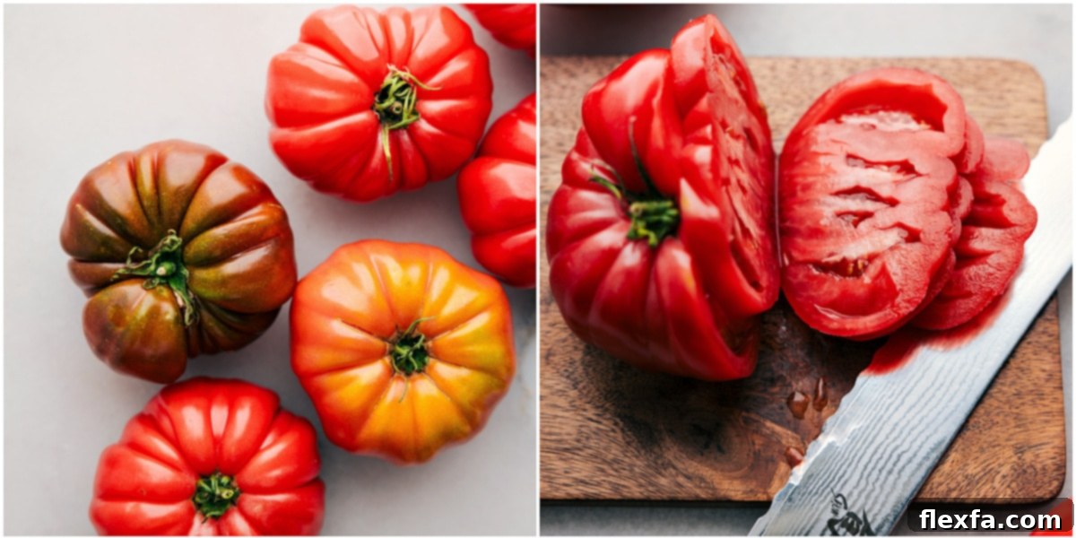 The heirloom tomatoes being thinly sliced for these tomato sandwiches, showing vibrant colors and juicy flesh.