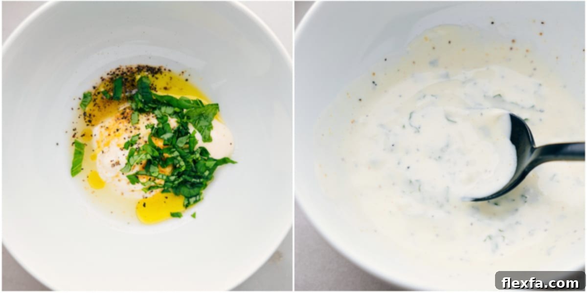 The simple spread mixture being mixed together in a bowl, showcasing the creamy texture and flecks of green basil.