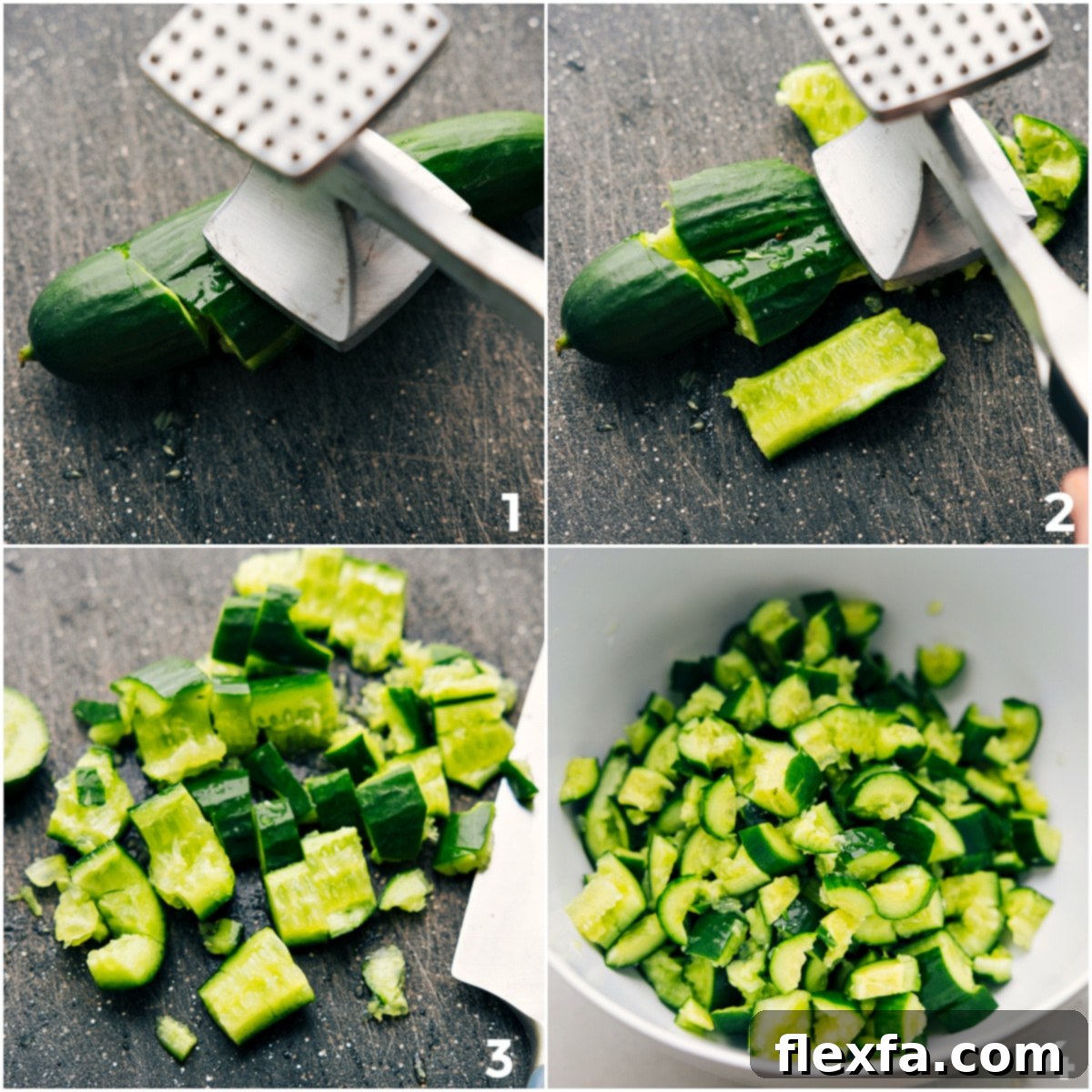 The process of smashing cucumbers with a mallet, then chopping them into bite-sized pieces and adding them to a bowl for the smashed cucumber salad.
