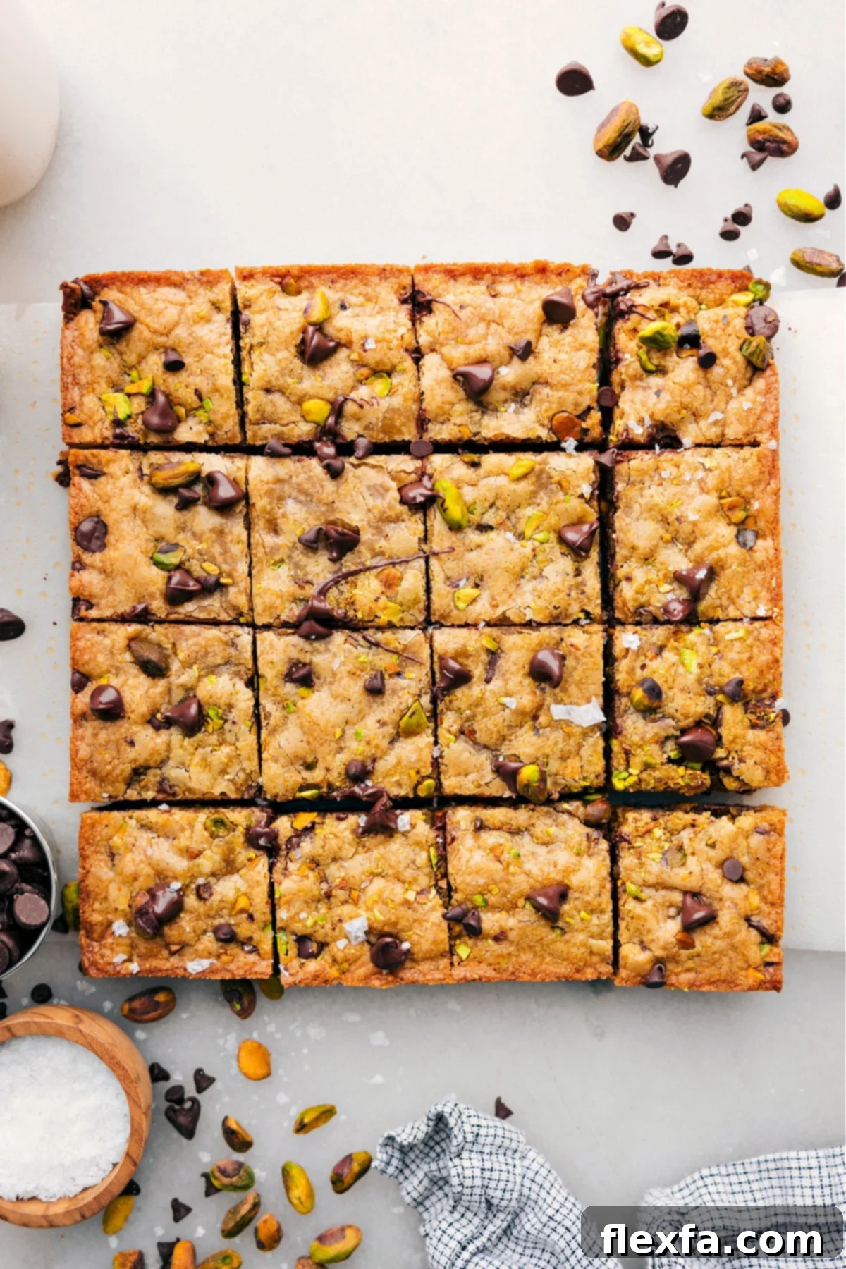 The best blondie recipe cut into bars with all the yummy toppings baked into it.