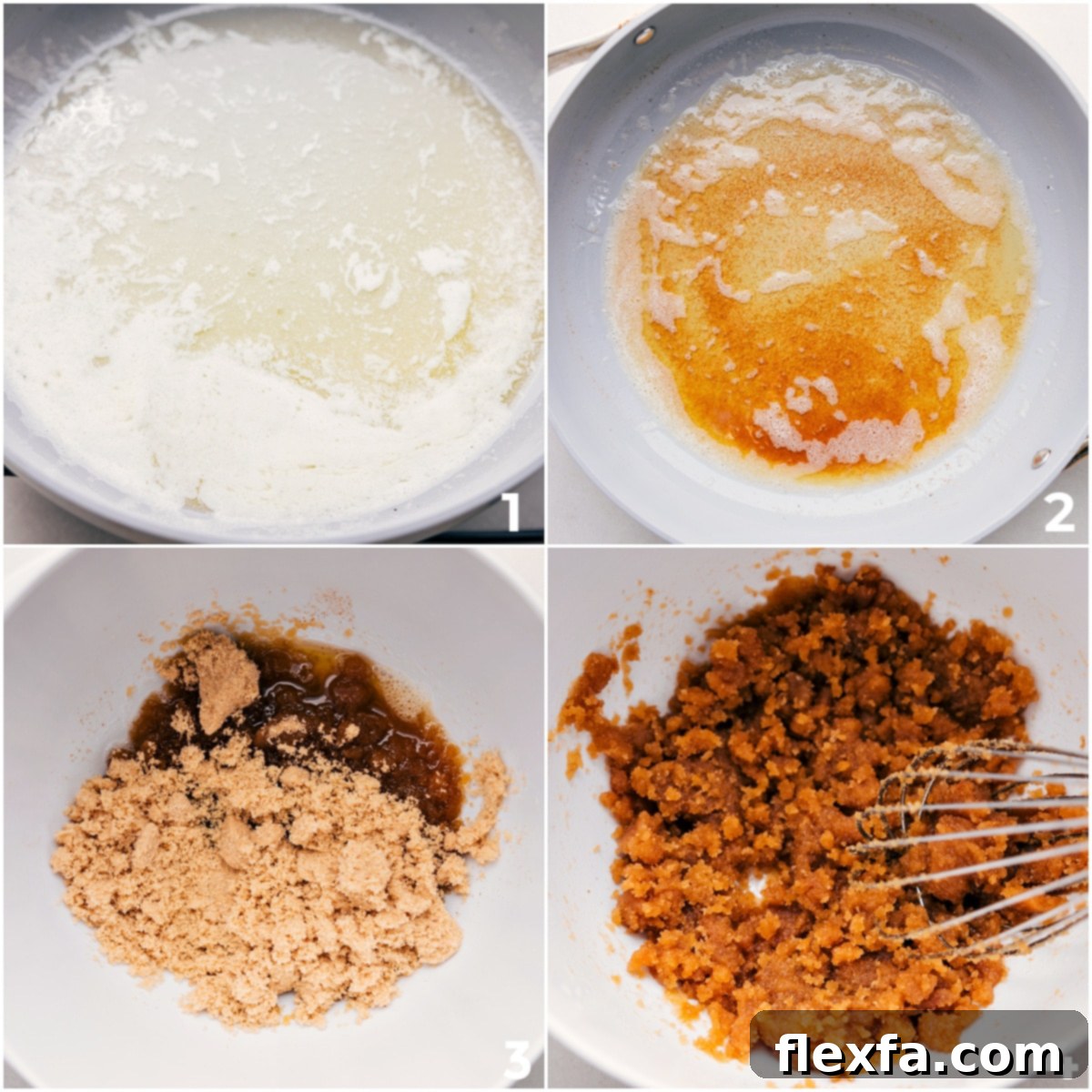 The butter being browned for this blondie recipe and then mixed in with the sugars.