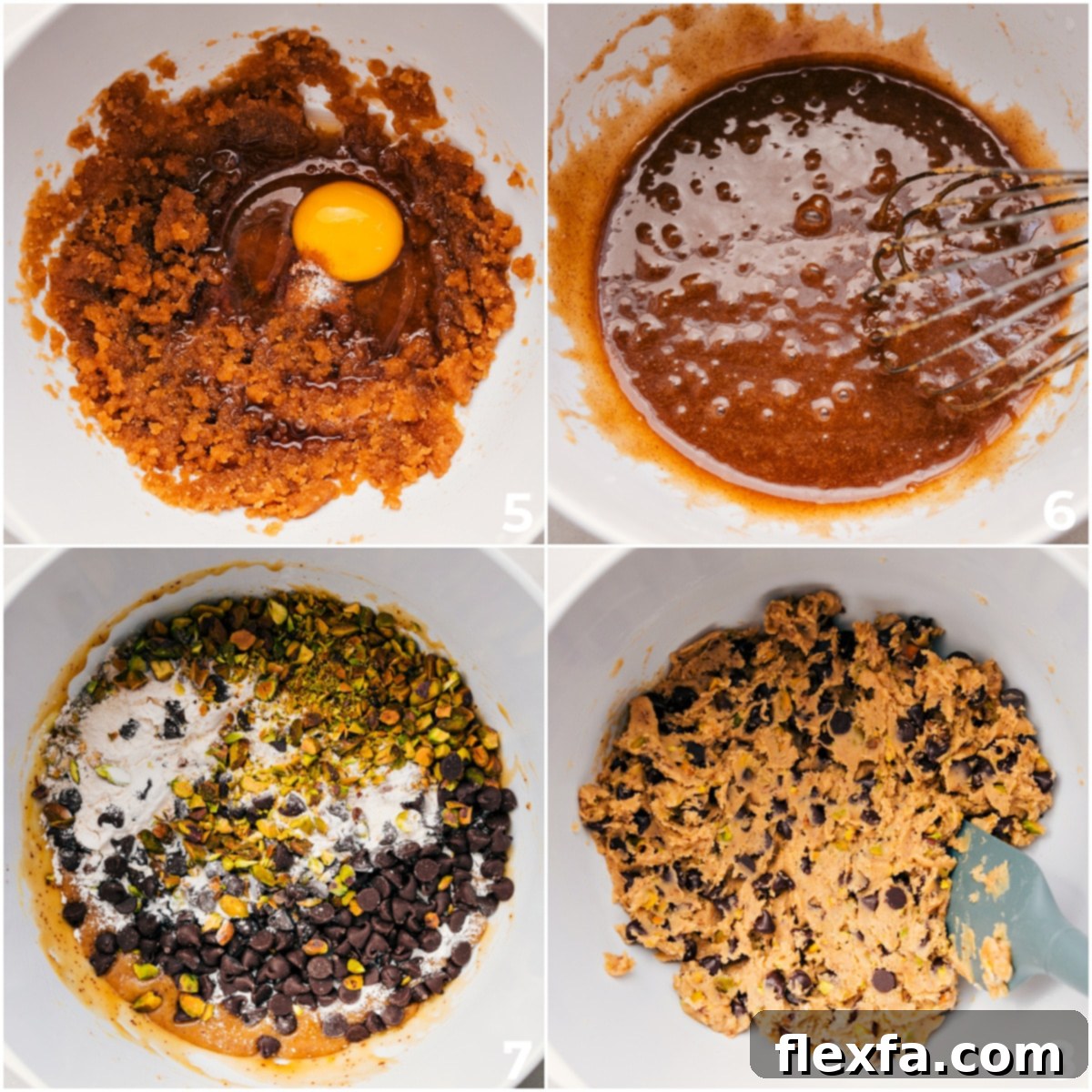An egg being whisked into the wet ingredients and then all the dry ingredients and toppings being mixed in.