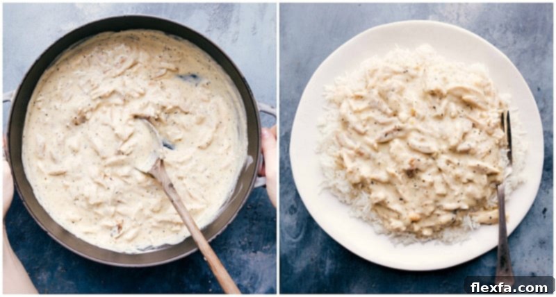 Serving Hawaiian Haystacks: Creamy Chicken Gravy Over Rice The rich and creamy Hawaiian Haystacks chicken gravy perfectly served over a fluffy bed of rice, ready for toppings.