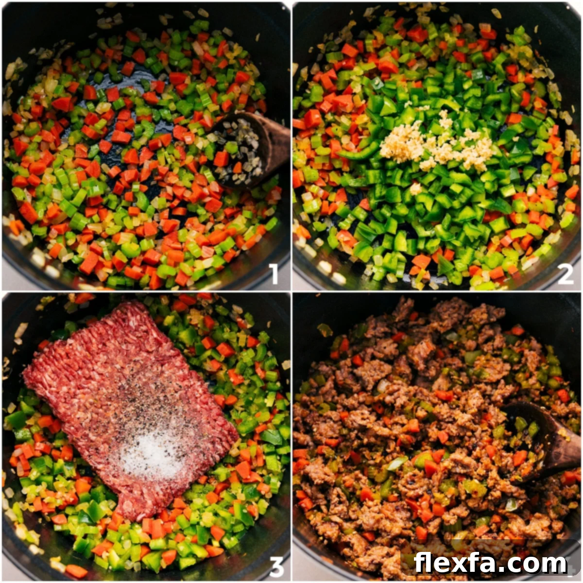 The initial stages of preparing Italian Sausage Orzo Soup are captured, showing colorful vegetables gently sautéing and savory Italian sausage browning in a large, heavy-bottomed pot, filling the kitchen with tantalizing aromas.