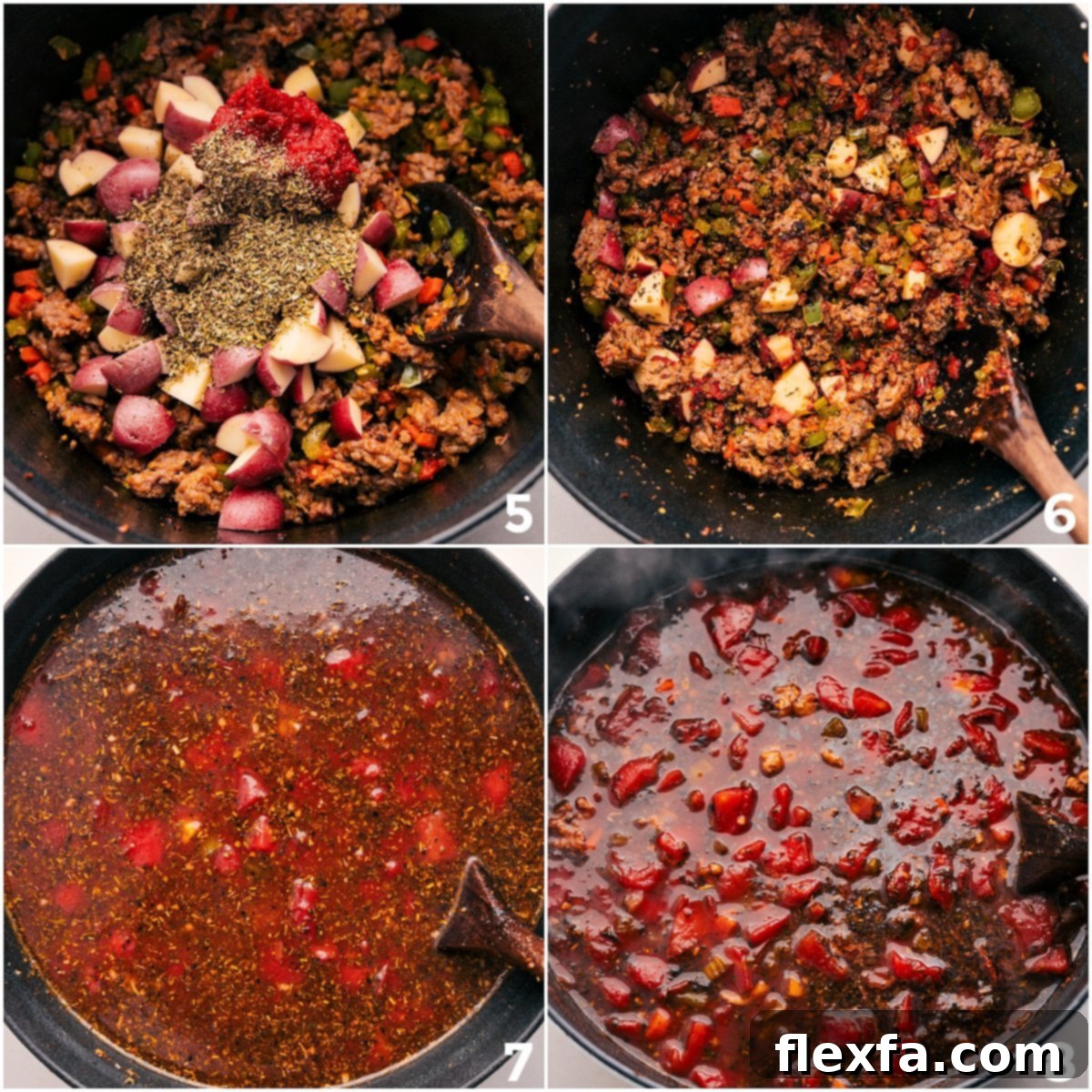 Red potatoes, savory tomato paste, and aromatic seasonings are gently added to the pot, followed by the rich beef broth and flavorful fire-roasted crushed tomatoes, all simmering together to create a deeply flavorful Italian Sausage Orzo Soup base.