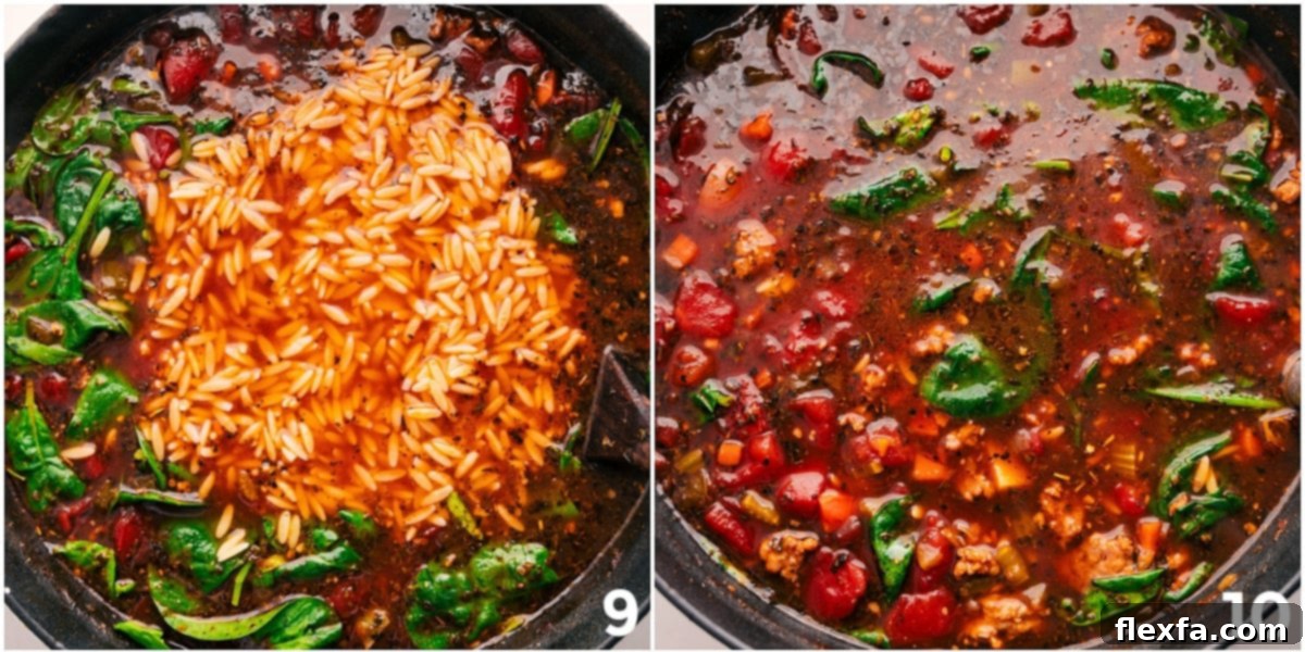 The final additions to the Italian Sausage Orzo Soup: tender cooked orzo pasta and fresh baby spinach are gently stirred into the pot, completing the vibrant and hearty meal with fresh greens and satisfying texture.