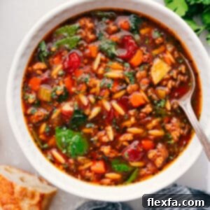 A vibrant and comforting bowl of Italian Sausage Orzo Soup.