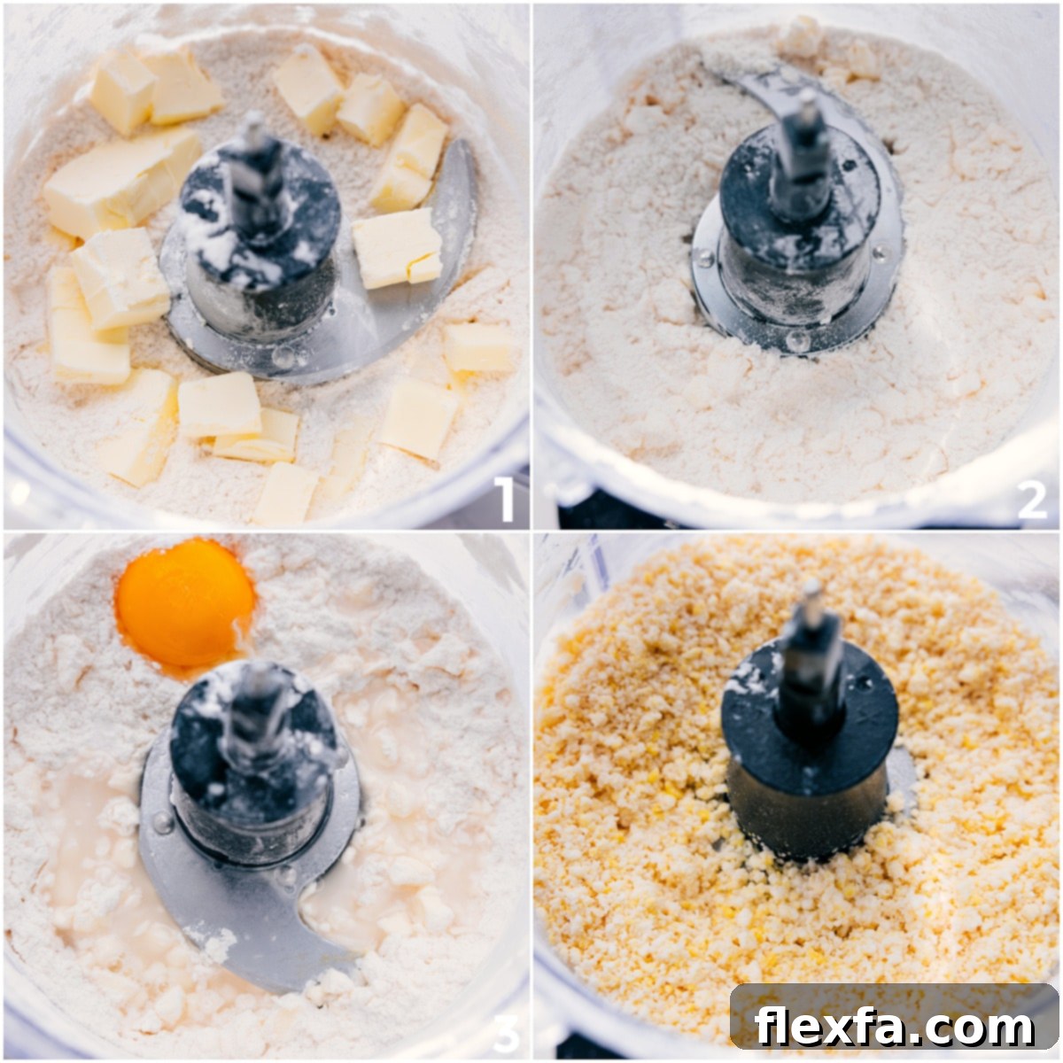 Pie crust dough being made by blending flour and butter until pea-sized crumbs form, then adding egg yolk and powdered sugar, followed by ice water to bring the ingredients together into a thick, cohesive dough.