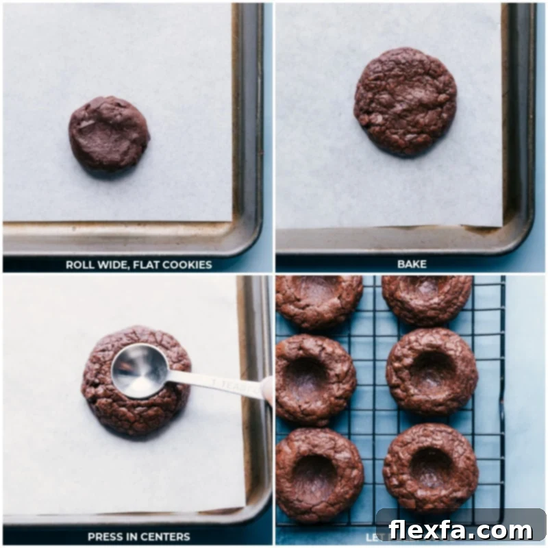 Process shots showing cookie dough being rolled out, baked, and centers pressed in for Almond Joy Cookies