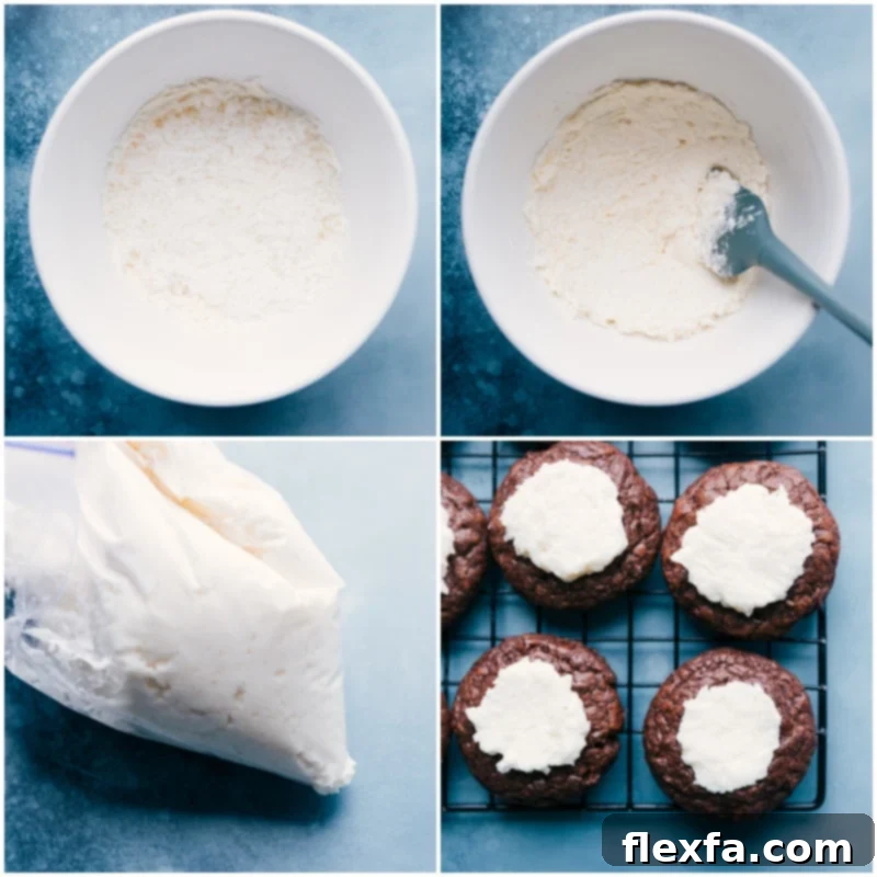 Process shots of Almond Joy Cookies with frosting filling the centers and coconut flakes being added