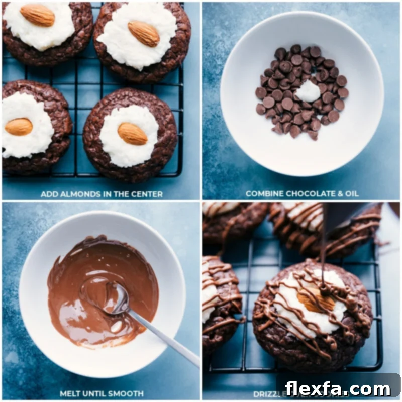 Process shots showing almonds being placed in the cookie centers and chocolate drizzled over finished Almond Joy Cookies