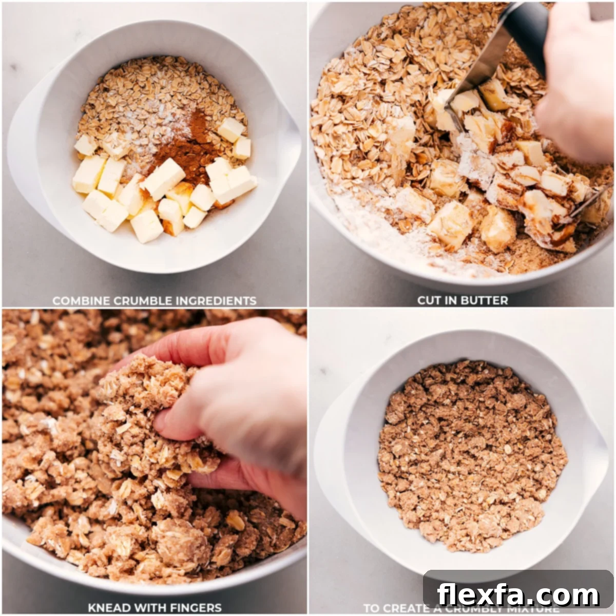 Preparing the crumble topping used in the recipe for cherry crisp in a mixing bowl.