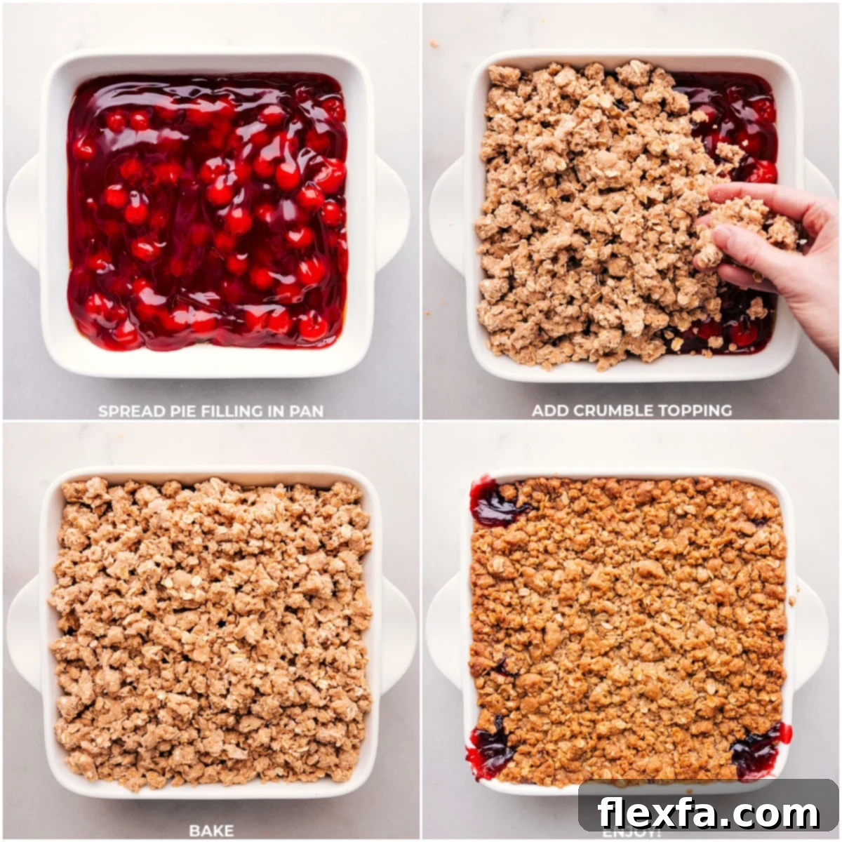 Layering the cherry crisp: starting with cherries and topping with a delectable crumble mixture.