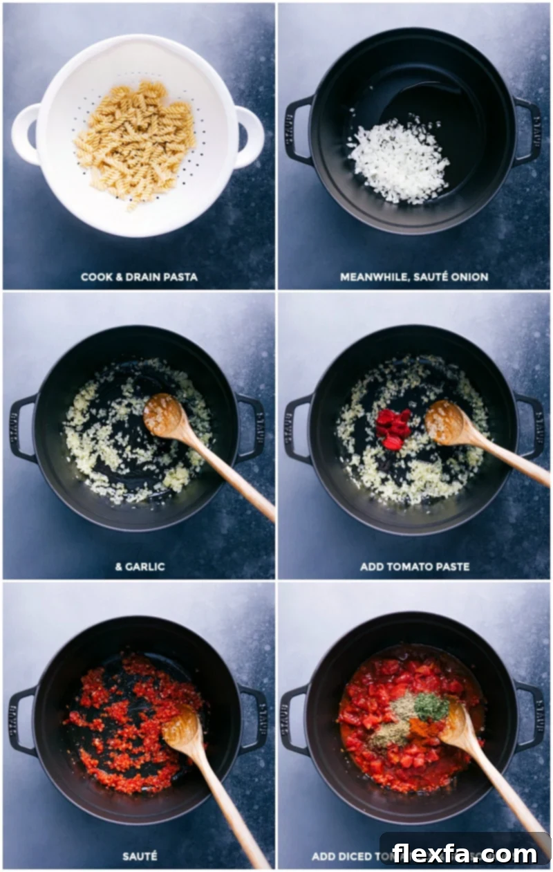 A visual step-by-step guide showing ingredients and initial cooking stages for Chicken Parmesan Soup, including chopping onions, sautéing, and adding tomatoes, emphasizing the ease of preparation.