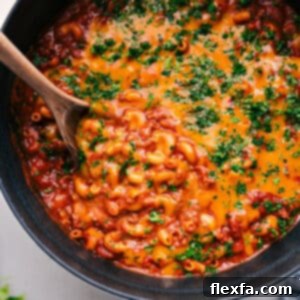 Delicious one-pot Chili Mac recipe with ground beef and pasta.
