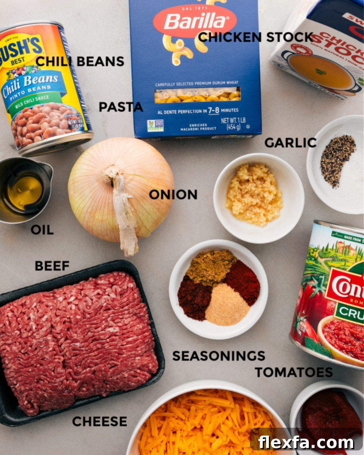 Ingredients In One Pot Chili Mac Recipe All the essential ingredients for one-pot chili mac laid out and prepped for cooking.