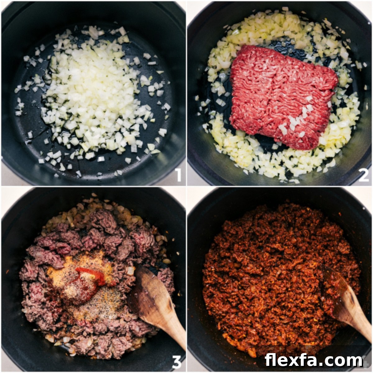 How To Make One Pot Chili Mac Sautéing diced onions, browning ground beef, and infusing with aromatic seasonings and tomato paste in a large pot for chili mac.