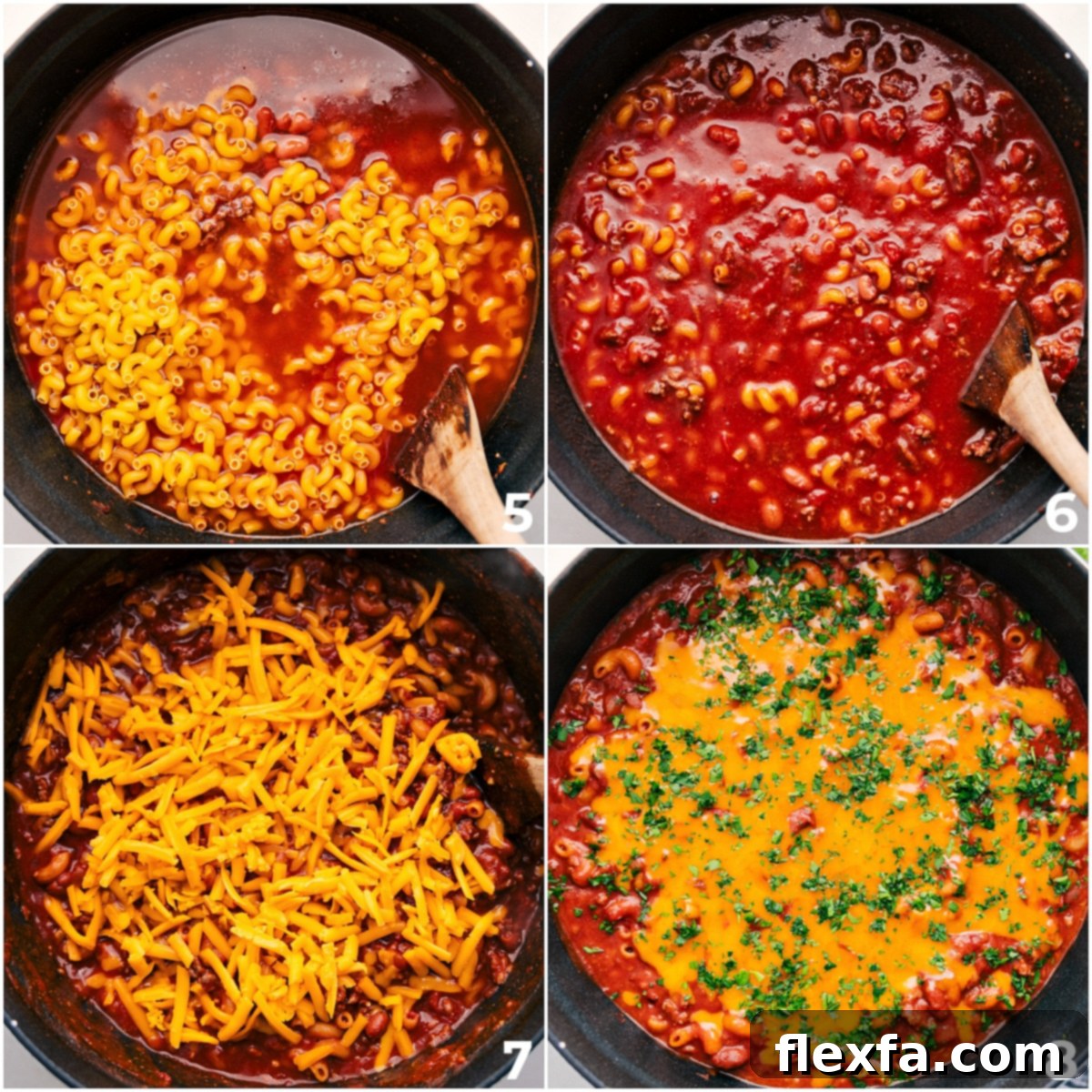 Cooking The Best and Easiest Weeknight Dinner The final steps of making chili mac, including adding and cooking the elbow pasta, then stirring in the shredded cheese for a creamy finish.