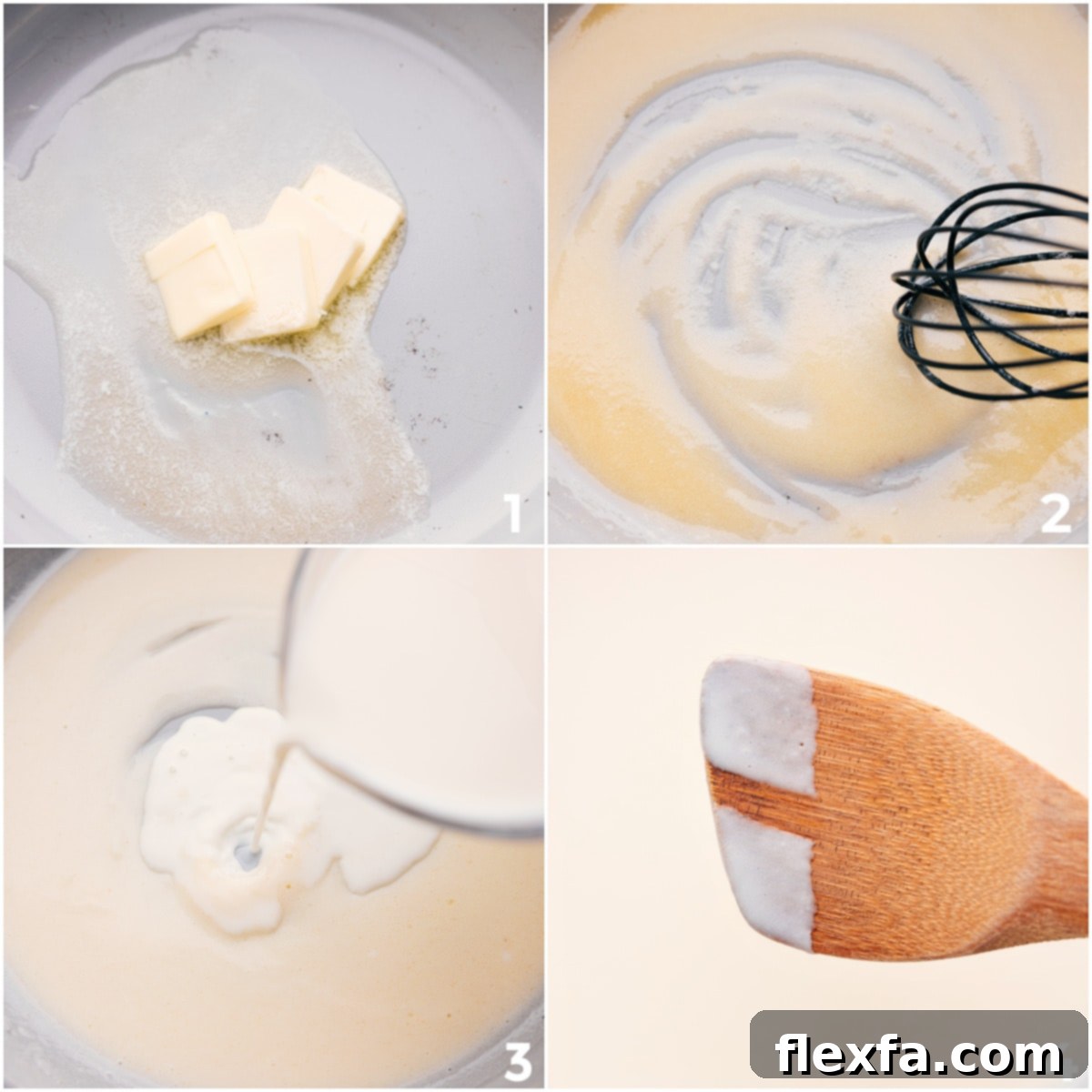 A step-by-step visual showing butter melting in a skillet, flour being whisked in to create a roux, and milk being added to form a smooth, thickened cream sauce for cheesy spaghetti.