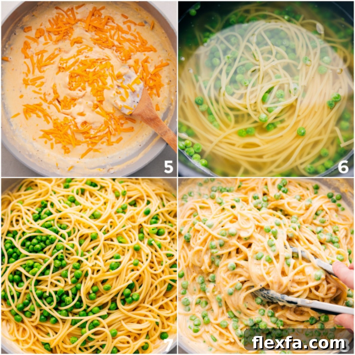 Close-up of a large skillet with cooked spaghetti and peas being tossed with a rich, melted cheddar cheese sauce, ensuring every strand is coated for maximum flavor.