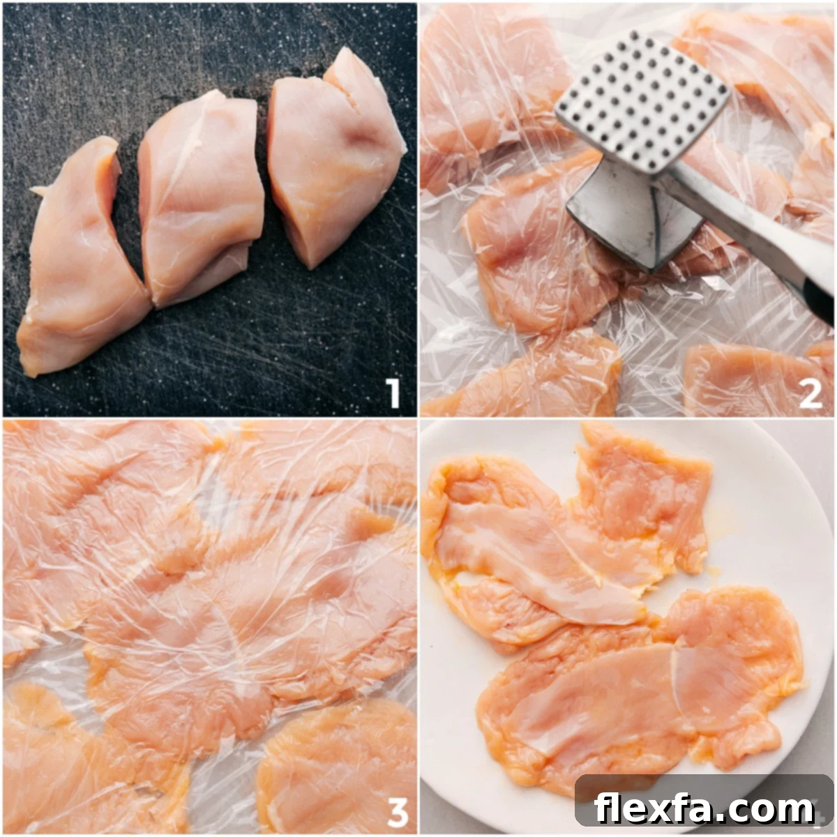 The chicken cutlets are prepped and pounded to an even thickness.