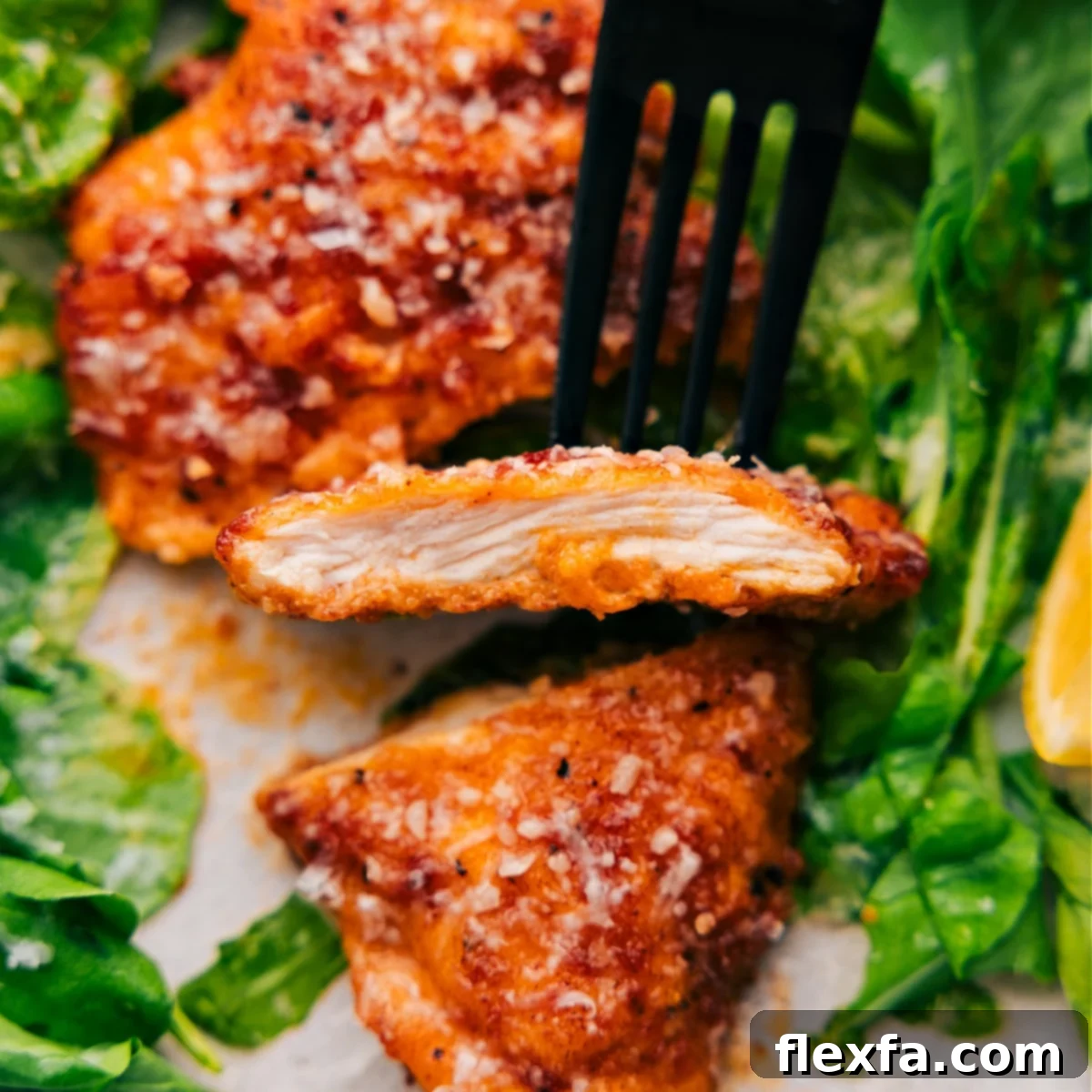 A slice of the chicken cutlet is held up with a spoon, showing its tender and perfectly cooked inside.