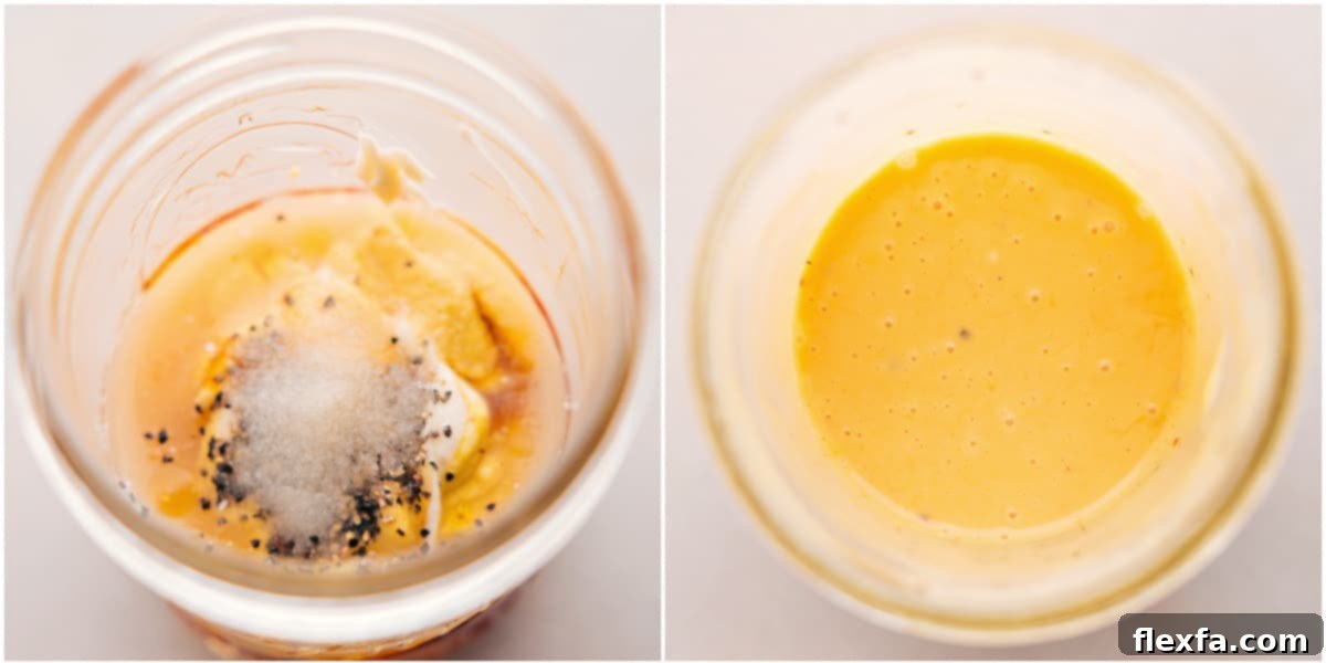 The simple, creamy Hot Honey Chicken Bowl dressing is mixed in a mason jar, ready to be drizzled over fresh ingredients.