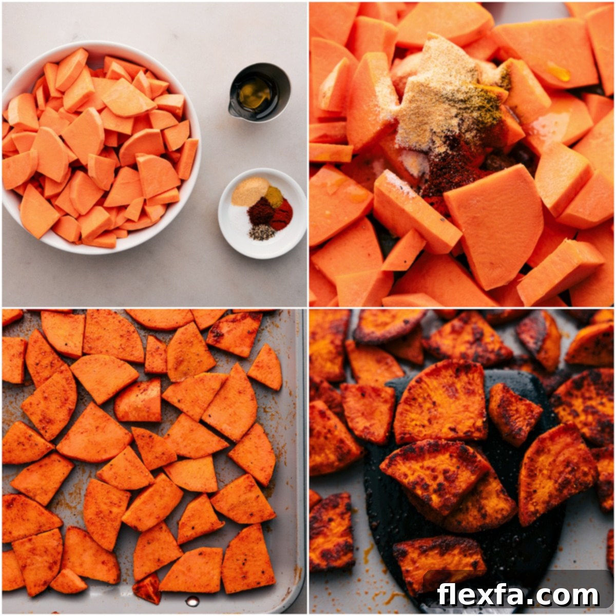 Seasoned sweet potato half-moons are spread evenly on a sheet pan, ready for roasting to achieve perfect charring and tenderness.