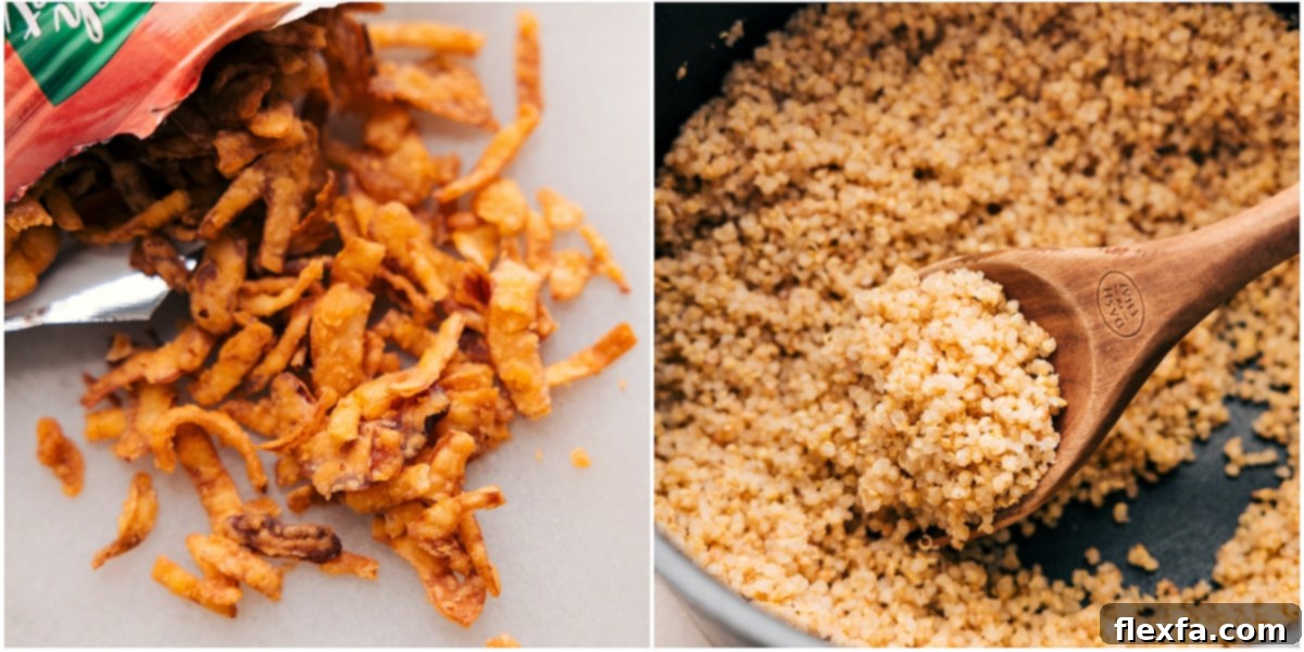 Crispy fried onions and fluffy couscous are prepped and ready to be added as toppings to the hot honey chicken bowls.