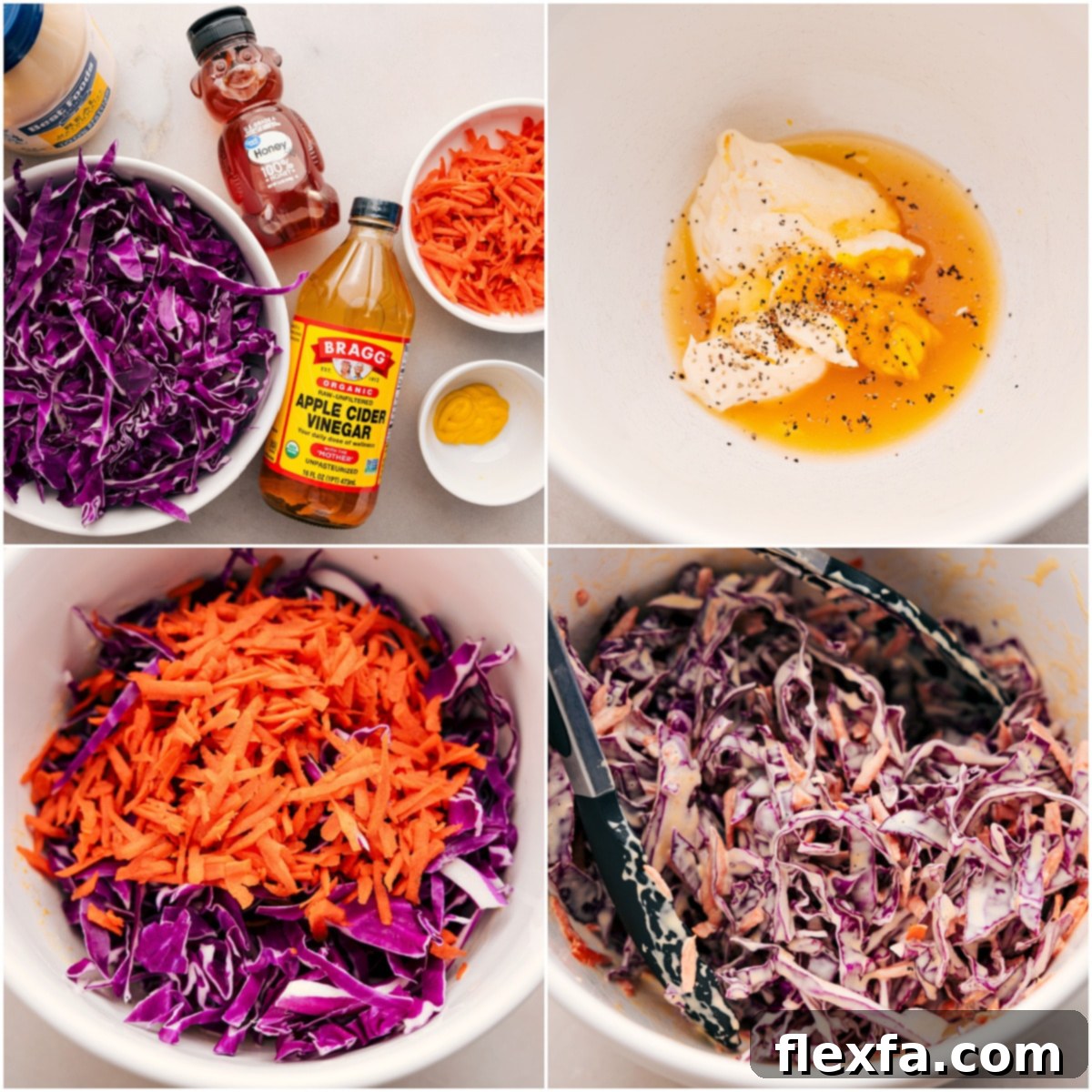 Fresh red cabbage, shredded carrots, and creamy dressing are combined in a bowl to create a vibrant, crunchy slaw.