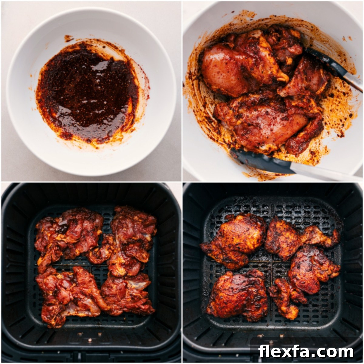 Marinated chicken thighs are placed in an air fryer basket, ready to be cooked to juicy perfection for the hot honey chicken bowls.