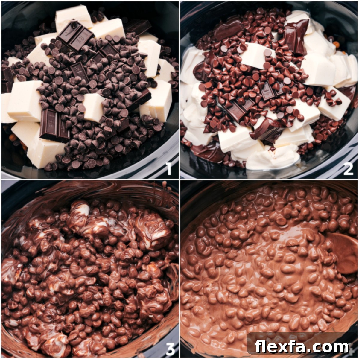 All ingredients—almond bark, chocolate chips, German chocolate, and honey-roasted peanuts—are added to the slow cooker, ready to melt into Crockpot Candy.