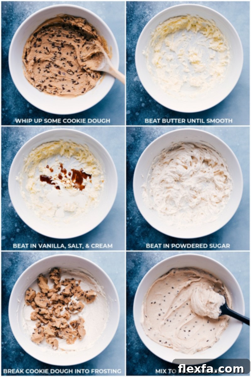 Preparing the edible cookie dough frosting in a mixer, showing its creamy texture.