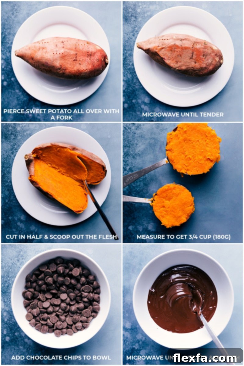 Deliciously Wholesome Ice Cream Delights 3 Process shots showing sweet potatoes being prepped and dark chocolate chips melting for the healthy ice cream recipe.