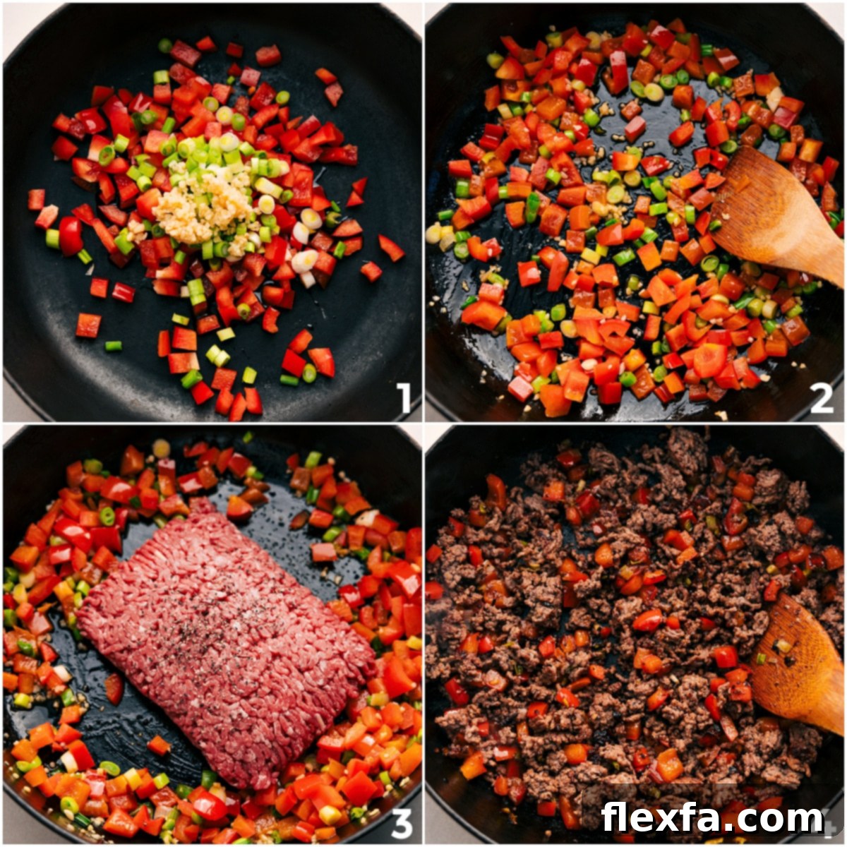 Cooking the Beef for Asian Ground Beef Sautéed vegetables and browned ground beef cooking together in a large skillet, forming the flavorful base for Asian Ground Beef.