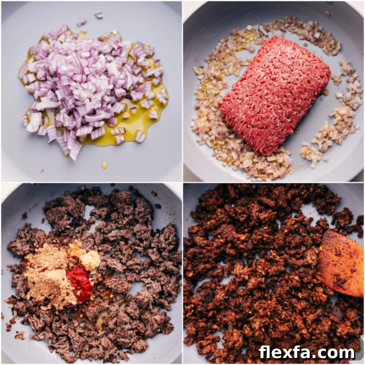 Sautéing diced yellow onions until golden, then browning lean ground beef in a large skillet, before adding taco seasonings and minced garlic.