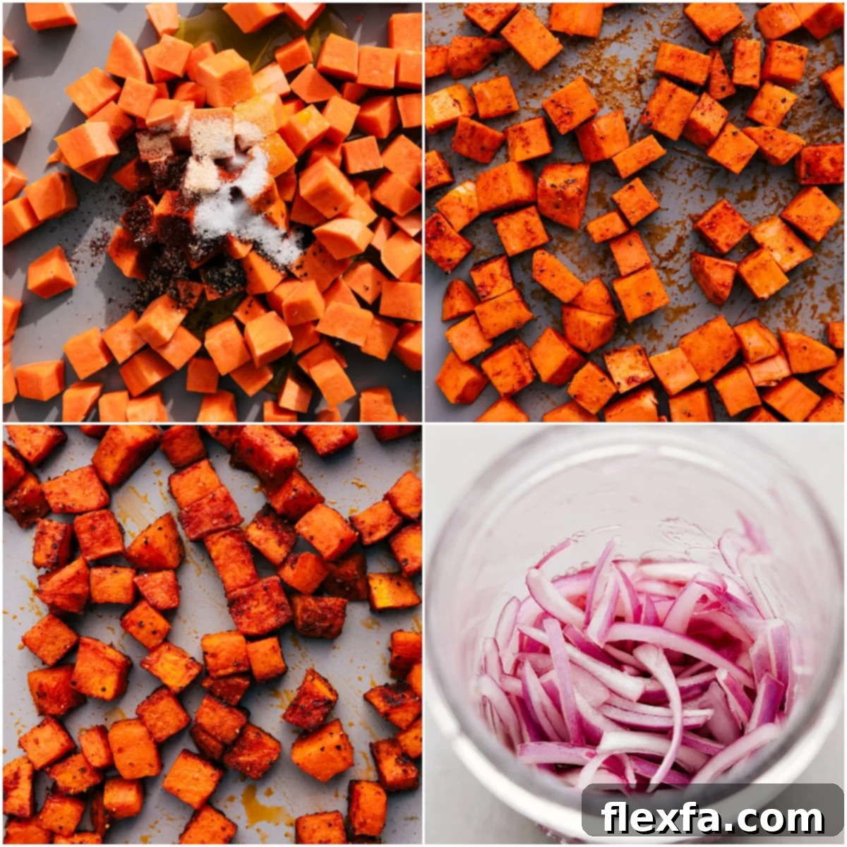 Cubed sweet potatoes tossed with olive oil and spices, spread on a sheet pan, ready for roasting to achieve caramelized edges for the beef burrito bowl.